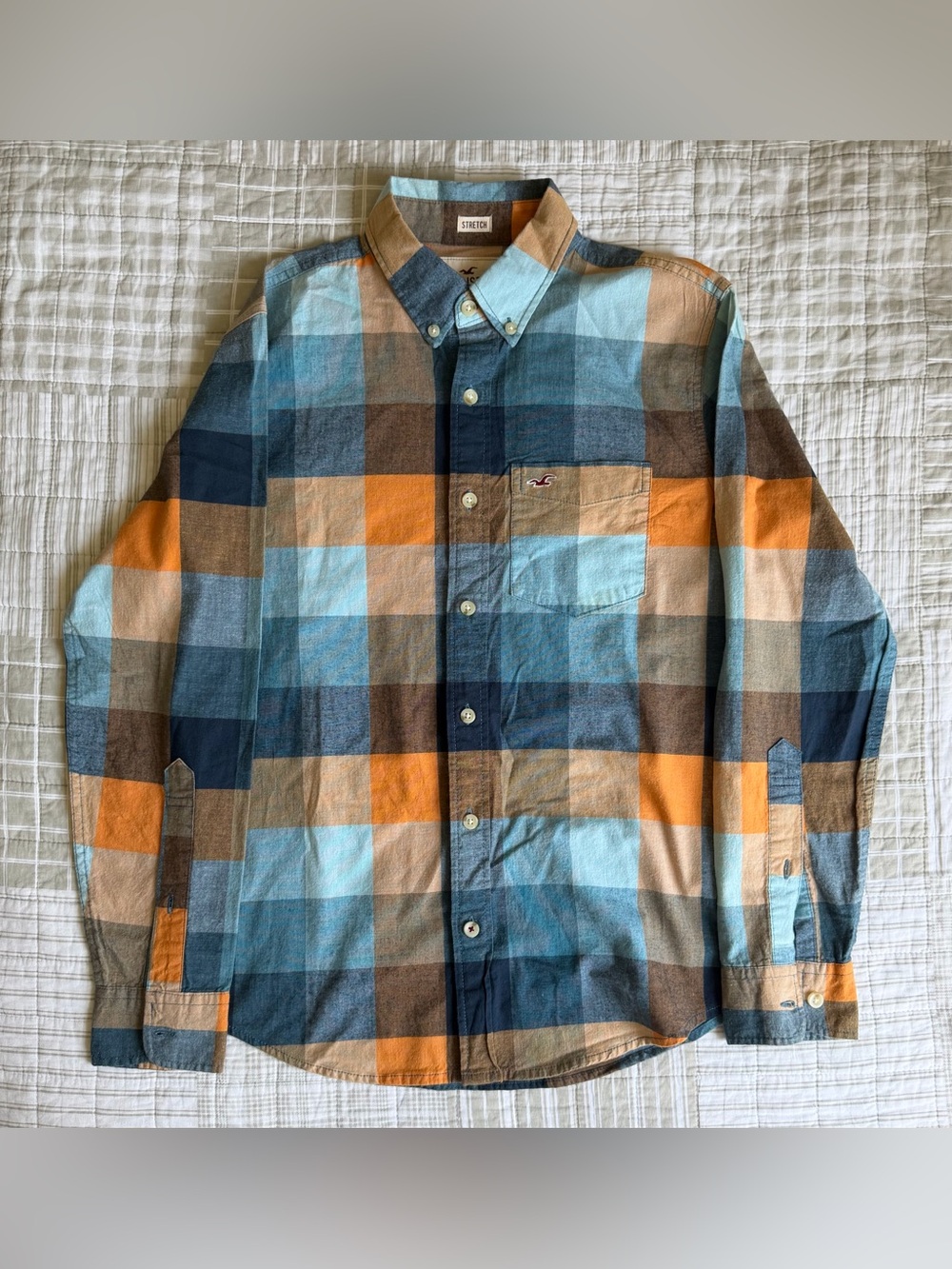 Hollister Men's Plaid Button-Down Shirt in Blue, Orange & Brown